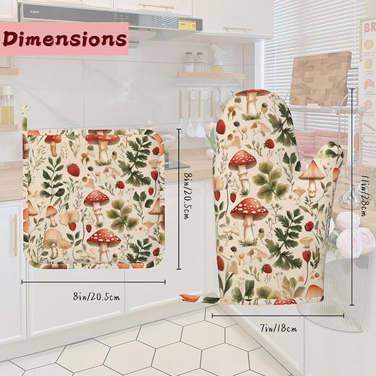Red Mushroom Forest Strawberry Silicone Oven Mitts and Pot Holders,Heat-Resistant 4 Piece Kitchen Set Non-Slip Oven Gloves and Hot Pads for Cooking, Baking, Grilling,BBQ