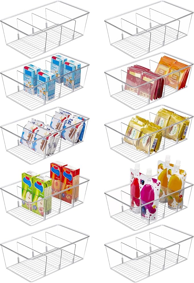 Vtopmart 10 Pack Food Storage Organizer Bins, Clear Plastic, 4 Compartments | For Pantry, Kitchen, Fridge and Cabinet Organization, Organize Food Packets, Snacks, Pouches and Spice Packets
