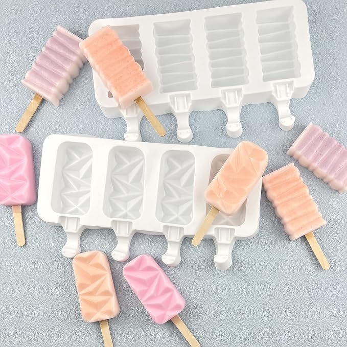 Ice Cream Popsicle Silicone Mold Set of 2, 8-Cavity Chocolate Cake Fondant Molds, Home DIY Popsicle Tools, BPA Free, Reusable and Easy to Clean Homemade Popsicle Maker with 50 Wooden Sticks