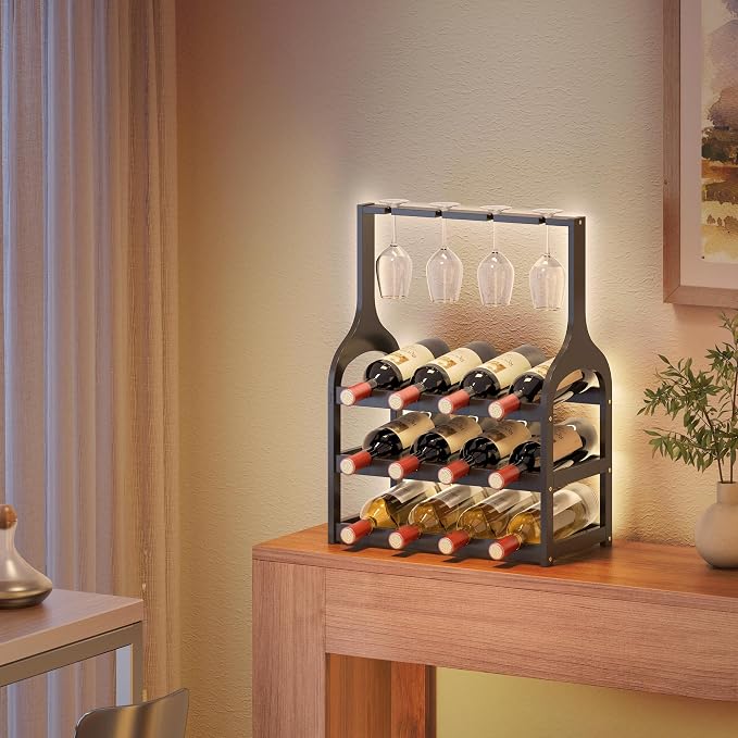 Bamboo Wine Rack Countertop, Small Free Standing Racks Tabletop Display | 12 Wine Bottles and 4 Glass Holder | Wooden Wine Storage Organizer Shelves for Kitchen Bar, Cellar, & Dining Room | Black