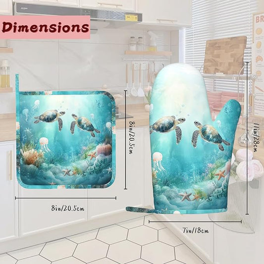 Sea Turtles Oven Mitts and Pot Holders (4PCS),Jellyfish Coral Heat Resistant Non-Slip Silicone Kitchen Gloves for Cooking, Baking, BBQ Waterproof Kitchen Accessories