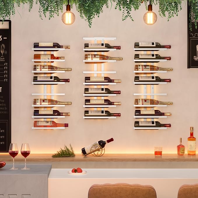 Hoctieon 2-Set 8 Tier Wall Mount Wine Rack (16 Tiers), Wall Racks for Wine Bottles Display and Storage, Hanging Bottle Organizer for Living Room, Dining Room, Wine Cellar, Bar, White