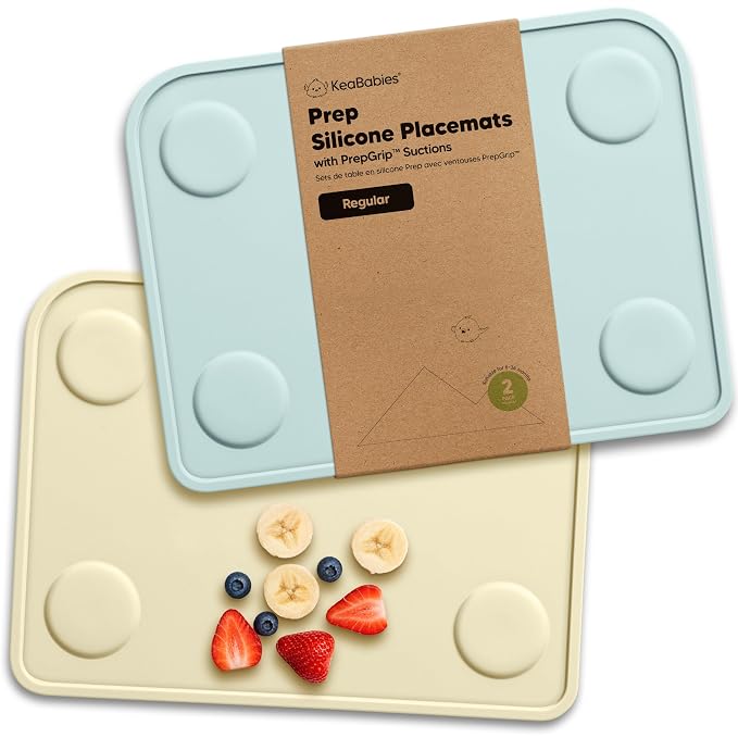 KeaBabies 2pk Silicone Placemats for Toddlers, Kids, 12x9 (Pastel Sky) | Non Slip Suction Silicone Placemat for Restaurants, Dining Table,Travel, Easy to Clean, Food Grade, BPA-Free, Large Table Mat