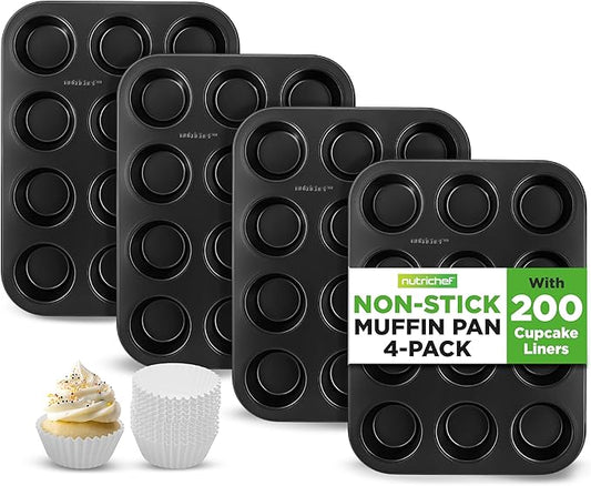 NutriChef Muffin Pans for Baking 4-Pack | Nonstick 12 Mold Cupcake Tins | Carbon Steel Stackable Cup Cake Trays | Dishwasher & Oven Safe | Includes 200 Parchment Paper Liners | 13 x 10 x 1 | Black