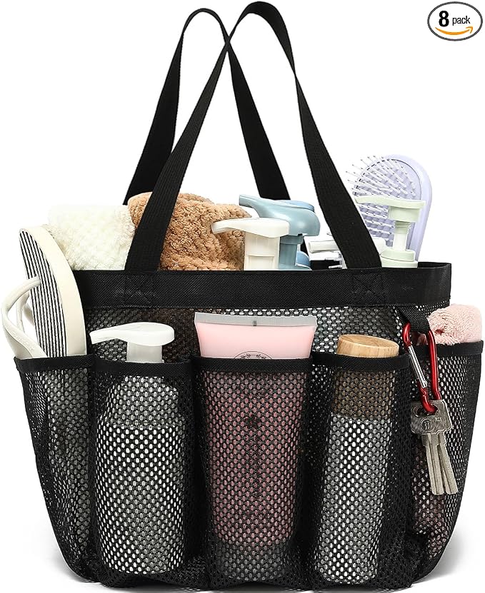 Fammart Mesh Shower Caddy Portable for College Dorm Room Essentials, Odorless Polyester Large Shower Tote Bag with Dual Handles, 8-Pocket Quick-Dry Toiletry Organizer for Travel, Beach, Camping, Gym