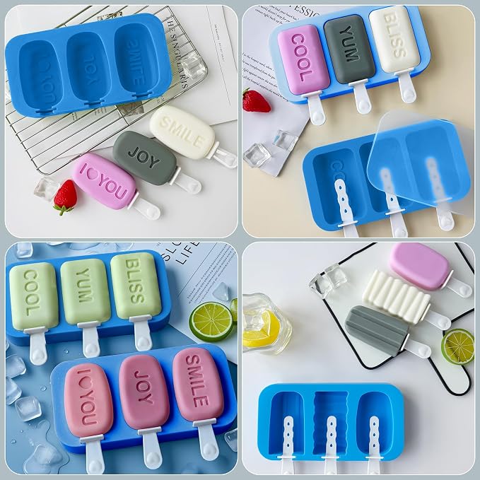 Ice Popsicle Molds Silicone3-Pack, 9 Cavity Iec Pop Molds, BPA Free Silicone Popsicle Molds, Reusable Ice Pop Molds for Homemade Cake Pop, DIY Ice Pop, Cream (Blue)
