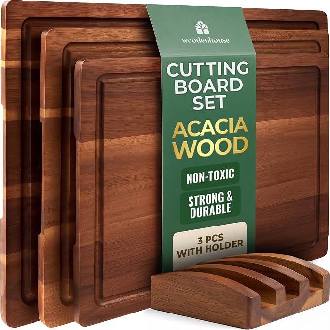 Acacia Wood Cutting Board Set of 3 with Holder, Juice Grooves & Handles | Durable and knife-friendly for chopping, food prep and charcuterie serving; three sizes with a matching storage stand