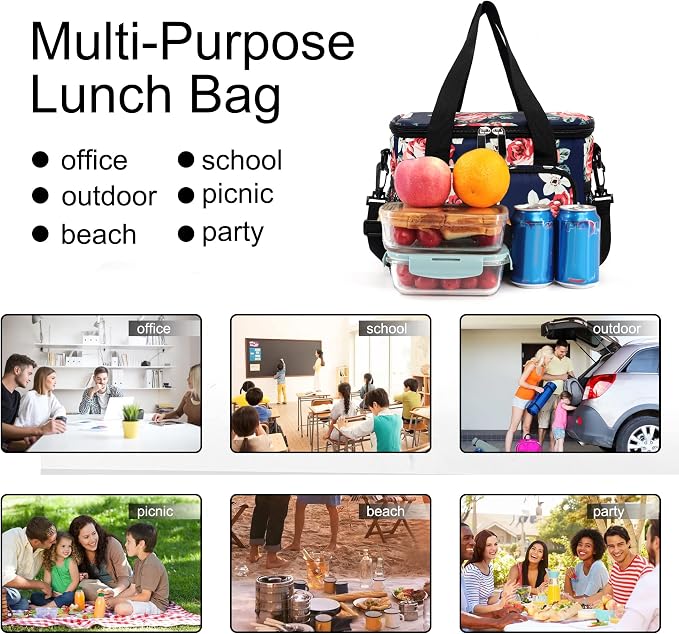 Lunch Bags for Women/Men, Insulated Lunch Bag for Work Office Picnic - Large Lunch Cooler Bag Leakproof Lunch Box with Adjustable Shoulder Strap for Adults - Floral