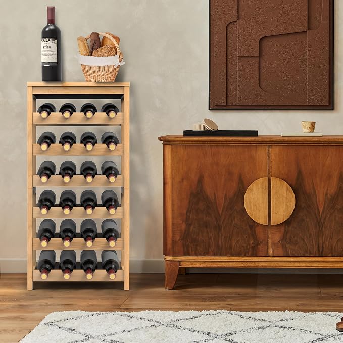 24 Botttle Wine Rack Freestanding Floor 6 Tier Bamboo Wine Rack Storage | 6 Tier Wine Rack Wine Storage Shelves for Kitchen Bar Dining Room Living Room Bamboo