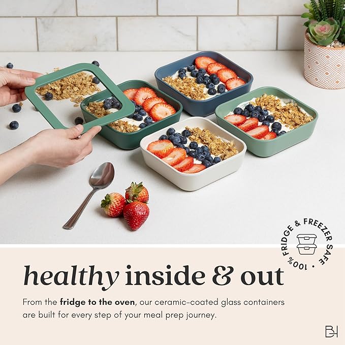 Ceramic Coated Glass Food Storage Container | No PTFE, PFOA, PFAS, and BPA | Reusable Non Toxic Meal Prep Container with Glass Lid | Easy To Store | 5 Cup Square [Dusk]