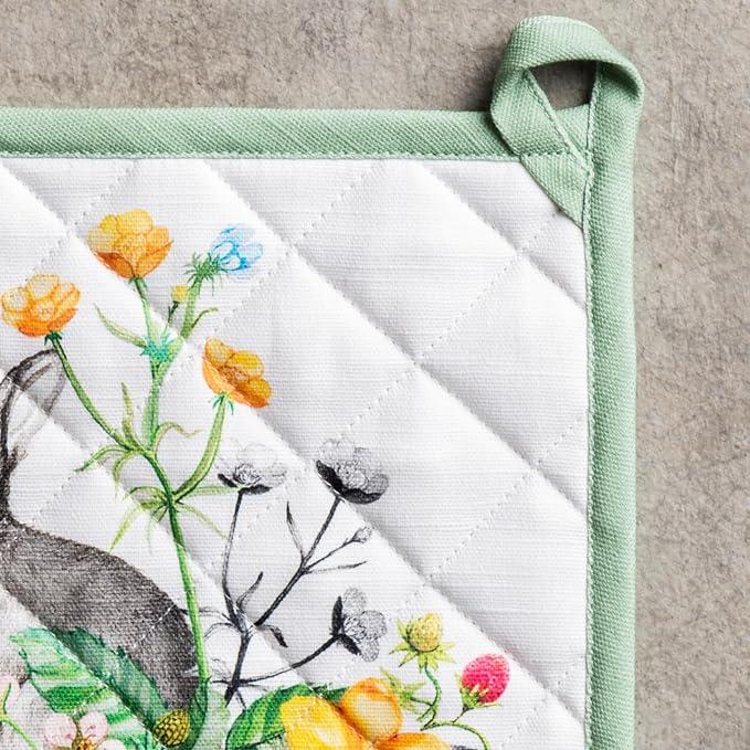 Maison d' Hermine Pot Holders 100% Cotton Potholders (8" x 8", Pack of 2) | Heat Resistant Hot Pads with Loop BBQ Cooking Baking Farmhouse Kitchen Handling Hot Pans Spring Summer - Printemps