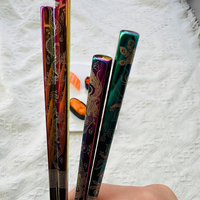 2Pairs Stainless Steel Chopsticks Reusable Dishwasher Safe Dragon Phoenix | Engraved chopsticks set