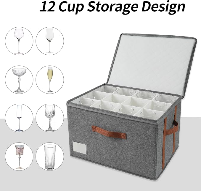 Stemware Storage Cases,Wine Glass Storage Box,with Dividers,Holds 12 Red or White Wine Glasses, Durable Glassware Storage Containers for Crystal or Stemware (Grey red, 2 Stemware storage cases)