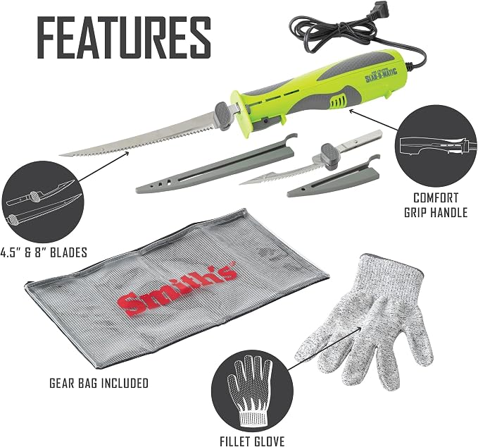 Smith’s Mr. Crappie Slab-O-Matic Electric Fillet Knife - Removable 8” & 4.5” Serrated Stainless Steel Blades w/ Sheaths - Fillet Glove & Mesh Storage Bag - Fishing, Outdoor, Hunting Electric Knife