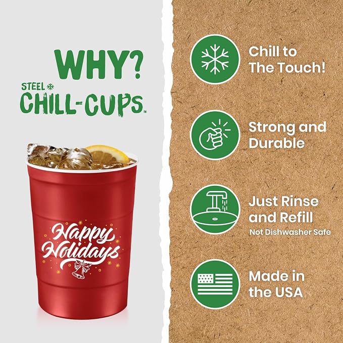 Steel Chill Cups 16 oz. Reusable Party Cups, Happy Holidays, 12 Count | Made in USA from Steel these durable cups chill fast & keep your drink cold for longer, 100% recyclable for sustainablity