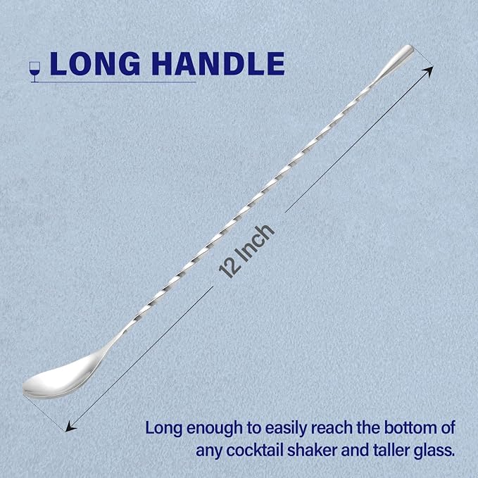 Briout Bar Spoon Cocktail Mixing Stirrers for Drink, Stainless Steel 12 Inches Long Handle, Silver 2 Pieces