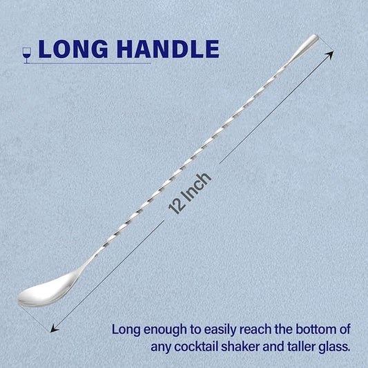 Briout Bar Spoon Cocktail Mixing Stirrers for Drink, Stainless Steel 12 Inches Long Handle, Silver 2 Pieces
