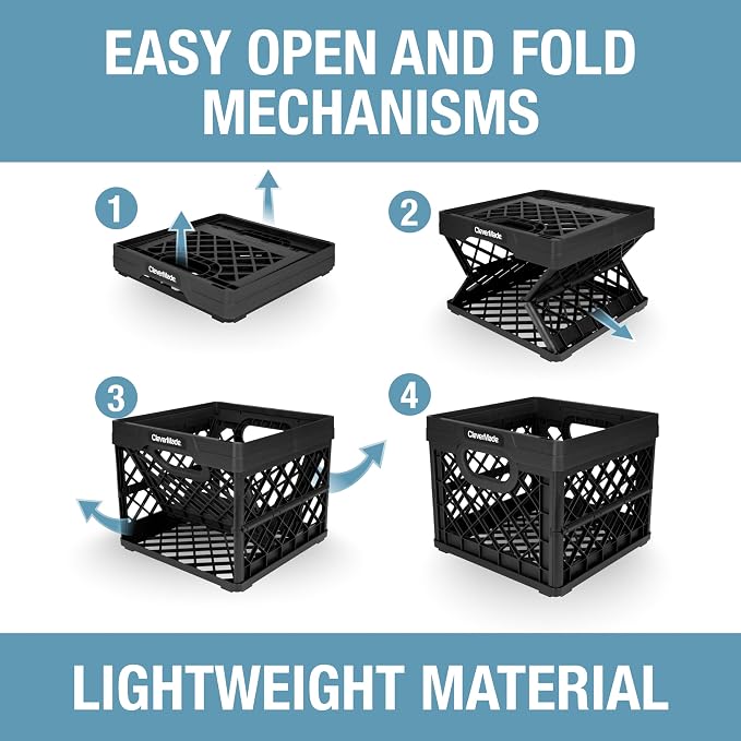 CleverMade Collapsible Milk Crates, 25L, 3 Pack, Holds 50 lb, Obsidian | Organize Files, Groceries, and Gear in One Crate | Built-In Rails Hold Letter Folders, While the Frame Stacks Securely