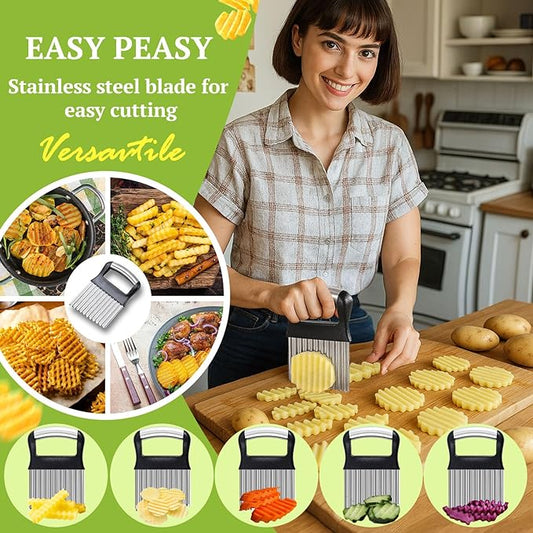FANTEXY Crinkle Cutter for Veggies, Stainless Steel French Fry Cutter for Potatoes, Cucumbers, Carrots - Wavy Chopper, Waffle Fry Maker