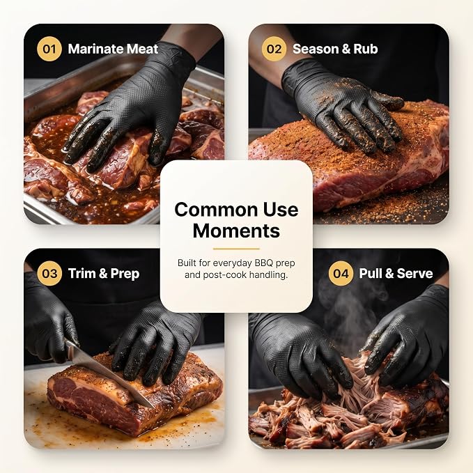 Disposable BBQ Gloves, Black, 10 MIL Thickness, Diamond Texture, Wear Over Cotton, 30 Count, 2 Cotton Glove Liners Included (1)
