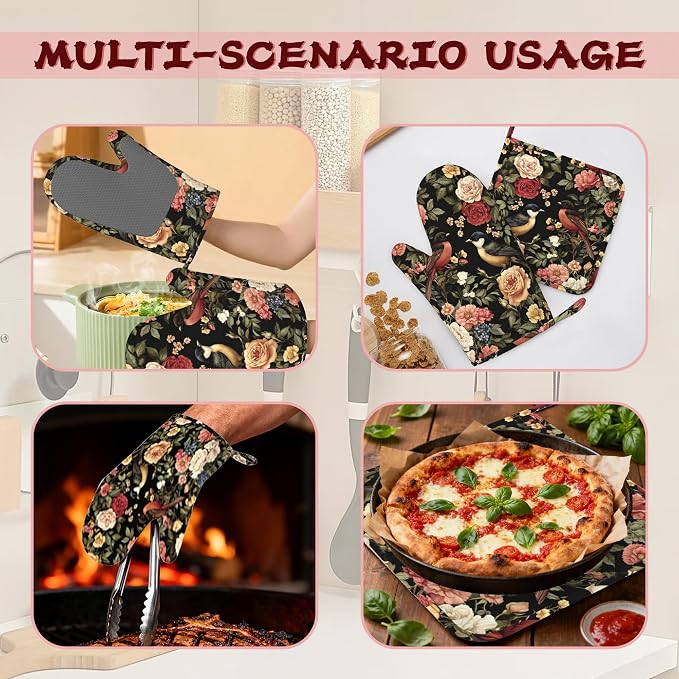 Vintage Rose Peony Floral Oven Mitts and Pot Holders (4PCS),Bird Heat Resistant Non-Slip Silicone Kitchen Gloves for Cooking, Baking, BBQ Waterproof Kitchen Accessories