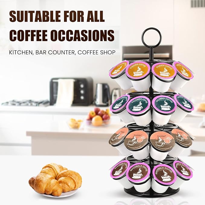 K Cup Holder, Coffee Pod Holder Organizer for Countertop, 36 K-Cup Carousel Stand Compatible with Keurig Pods, 360° Rotating 4-Tier Metal Pod Storage, Black