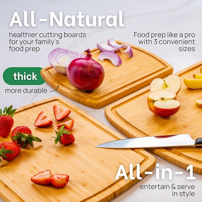 Greener Chef Luxury Wood Cutting Board 3-Piece Set with Vertical Grain Strength Technology - Extra Large Bamboo Cutting Boards for Kitchen with Deep Juice Grooves for Chopping - Lifetime Replacements