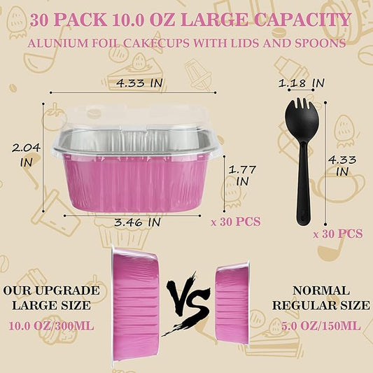 Mini Square Cake Pans with Lids，BAKINGPAK 30PCS 10OZ Mini Cake Pans with Lids Individual Cupcake Containers Mini Disposable Cake Pans with Lids Mini Aluminum Pans with Lids for Baking Party, Pink