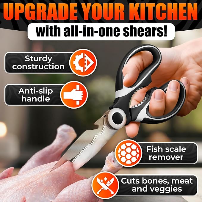 2 Pcs Heavy Duty Kitchen Scissors for Food, 5-in-1, All Purpose | Utility Scissors for Meat & Poultry, Stainless Steel Kitchen Shears, Bottle Opener, Non-Slip Handles & Blade Covers