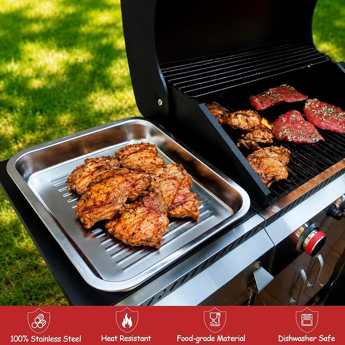 Geesta 5-in-1 Grilling Prep & Serve Tays, Grill Carry System, Stainless Steel BBQ Serving Platter, Marinating Container with Lid & Cutting Board, Outdoor Cooking Grill Accessories, Grilling Gift