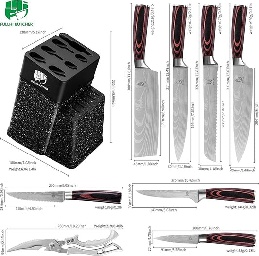 FULLHI 14pcs Block Knife Set, Chef's Knife Steak Knives Set with Block and Sharpener, Kitchen Knife Set, Multi-colour Handle, Gifts for Men Women