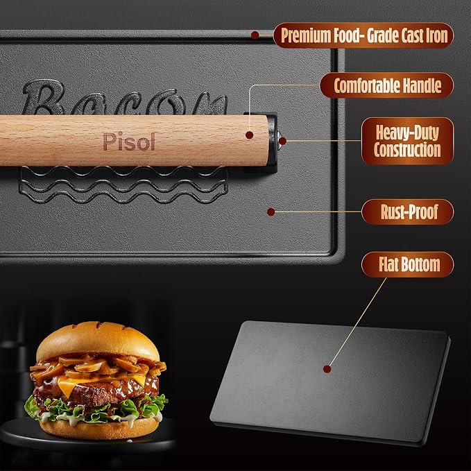 Pisol Pre-Seasoned Cast Iron Smash Burger Press, 2 lb Meat Press Tool, 2PCS | Rustproof, Pre-Seasoned, Flat Bottom, Wooden Handle, Dishwasher Safe, No Stick, Easy to Clean, 6.6'' Wide, 2lb