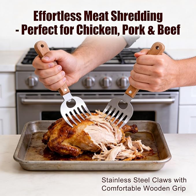 Stainless Steel Meat Shredder Claws with Wooden Handles | Built-In Bottle Opener, Heavy-Duty BBQ Tool for Shredding Pulled Pork, Chicken, Turkey and Beef Easily