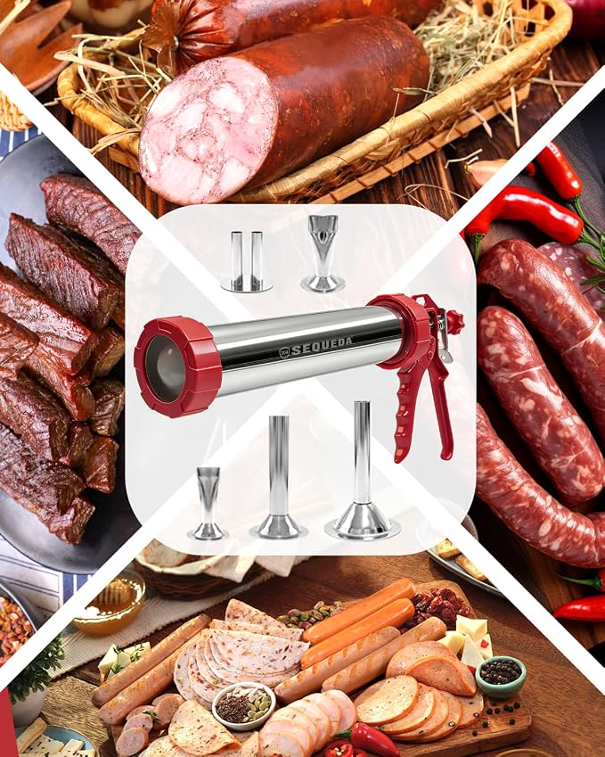 2LB Jerky Gun Kits, Sausage Stuffer, Stainless Steel Beef Meat Maker, Beef Stick Gun, Jerky Shooter Cannon with 5 Versatile Nozzles, 5 Cleaning Brushes and 1 Meat Pusher, Gifts for Women Men