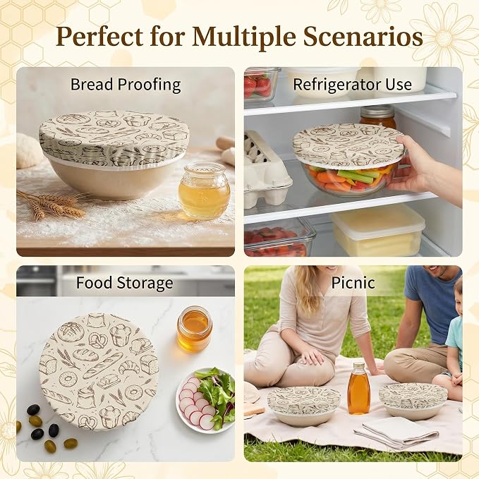 2Pcs Vintage Bakery Reusable Beeswax Bowl Covers Bread Sourdough Bowl Covers for Proofing Bakery Reusable Elastic Bread Sourdough Cover Wrap Dough Proofing Food Storage Kitchen Baking Supplies