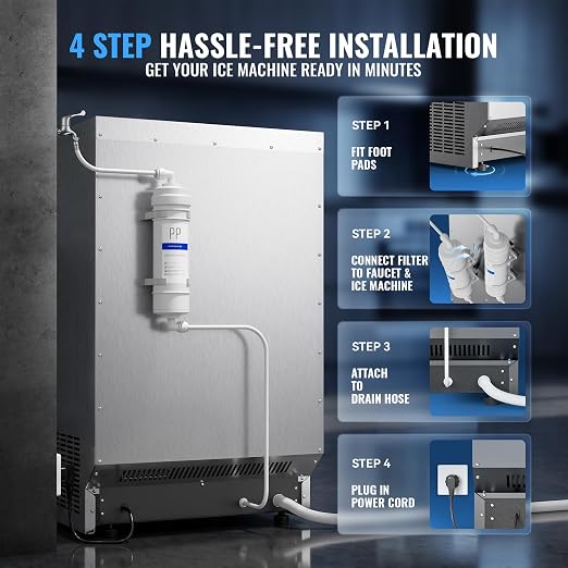 Commercial Ice Maker Machine, 110LBS/24H with 50 Ice Cubes, 33LBS Ice Storage Capacity, Stainless Steel Freestanding & Under Counter Ice Maker with Water Filter for Home, Bar, Cafe, Outdoor
