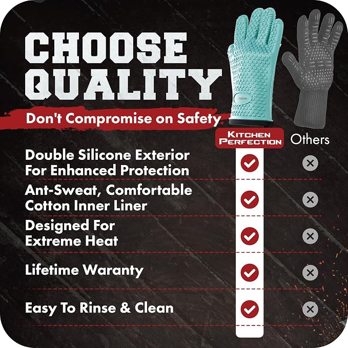 KITCHEN PERFECTION XL Silicone Smoker BBQ Gloves -Heat Resistant Oven Mitts | Waterproof, 5-Finger Design For A Better Grip, for Pitmasters, Meat Smoking, Grilling, Cooking, Frying Turkey | Grill Gift