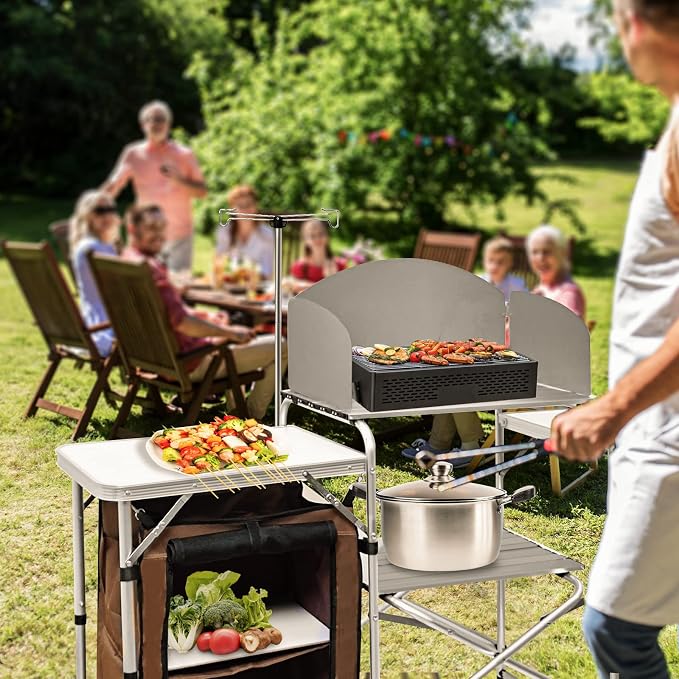 CampLand Folding Camping Kitchen Table with Windscreen,Portable Outdoor Cooking Station with Storage Cabinet & Side Tables Heavy Duty Camp Cook Station for Camping & BBQ（White）