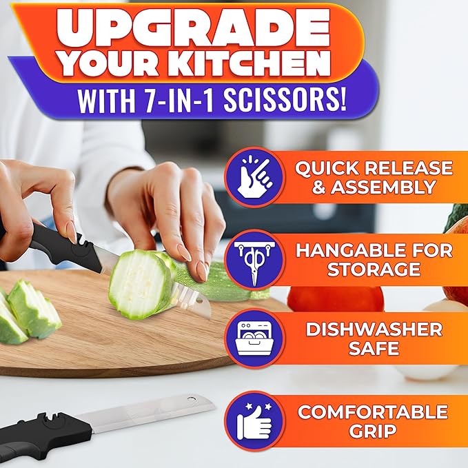 7-in-1 Cutting Board Scissors for Food, Stainless Steel | Dishwasher Safe Kitchen Scissors with Cutting Board; Replaceable Blades; Safety Lock; for Meat, Veggies, Fruit & Herbs