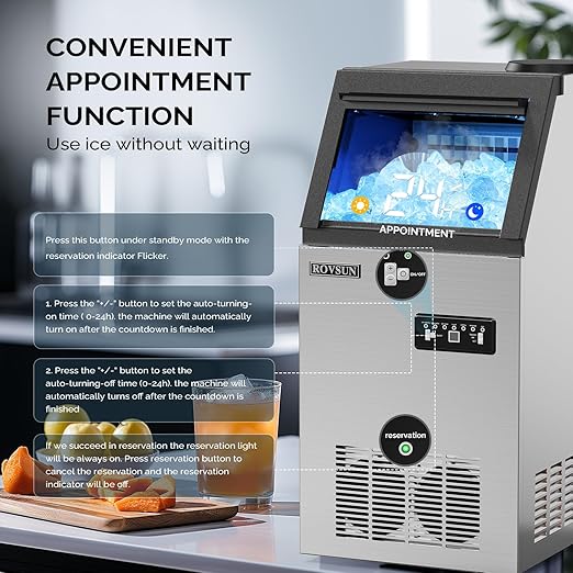 ROVSUN Commercial Ice Maker 110lbs/24h Automatic Built-in Stainless Steel Under Counter/Freestanding Ice Machine for Restaurant Bar with 24lbs Storage, Connection Hoses & Ice Scoop