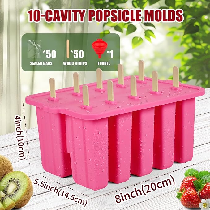 Homemade Popsicles Molds, Food Grade Popsicle Molds for Kids, 10 Cavity Non-BPA Silicone Ice Pop Maker, Reusable Silicone Popsicle Molds with 50 Stick, 50 Bags, Funnel (Pink)
