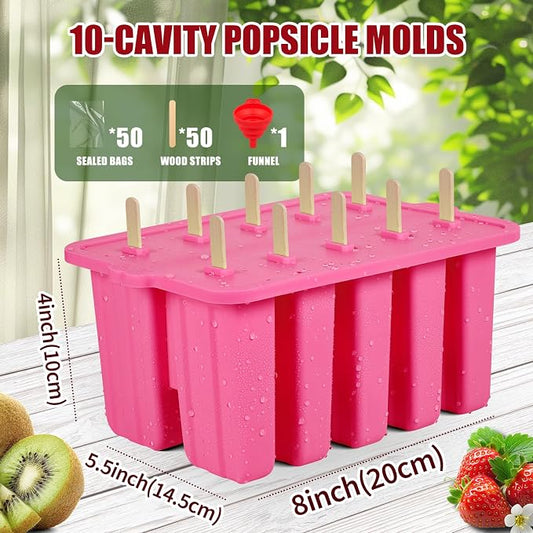Homemade Popsicles Molds, Food Grade Popsicle Molds for Kids, 10 Cavity Non-BPA Silicone Ice Pop Maker, Reusable Silicone Popsicle Molds with 50 Stick, 50 Bags, Funnel (Pink)
