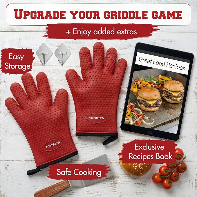 KITCHEN PERFECTION XL Silicone Griddle Gloves - Heat Resistant Oven Mitts | Waterproof, 5-Finger Design For A Better Grip, Best Griddle Grilling Accessories, Compatible with Blackstone, Weber & More