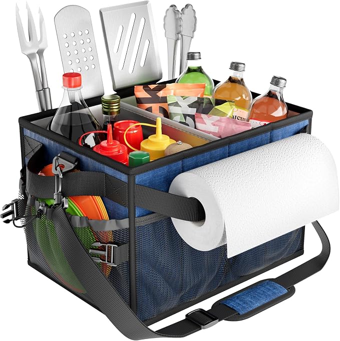 Grill Caddy, Foldable BBQ Caddy with Paper Towel Holder, Blue | 11 Compartments, Easy-Clean Aluminum Interior, 1680D Oxford Fabric, Water-Resistant, Shoulder Strap Included, Tailgating