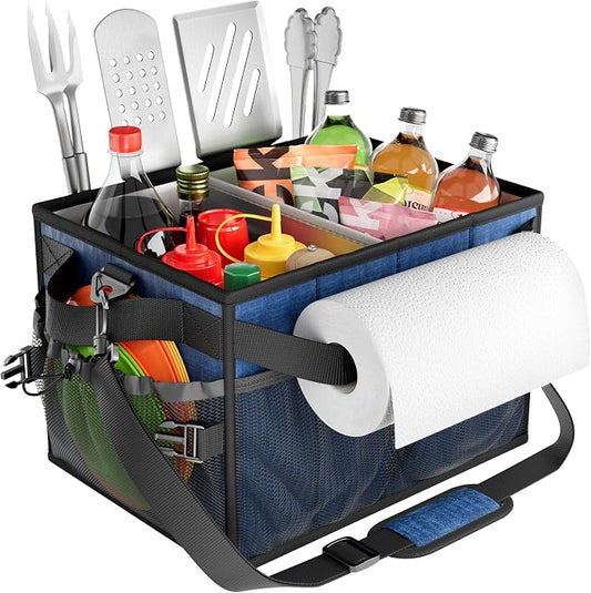Grill Caddy, Foldable BBQ Caddy with Paper Towel Holder, Blue | 11 Compartments, Easy-Clean Aluminum Interior, 1680D Oxford Fabric, Water-Resistant, Shoulder Strap Included, Tailgating