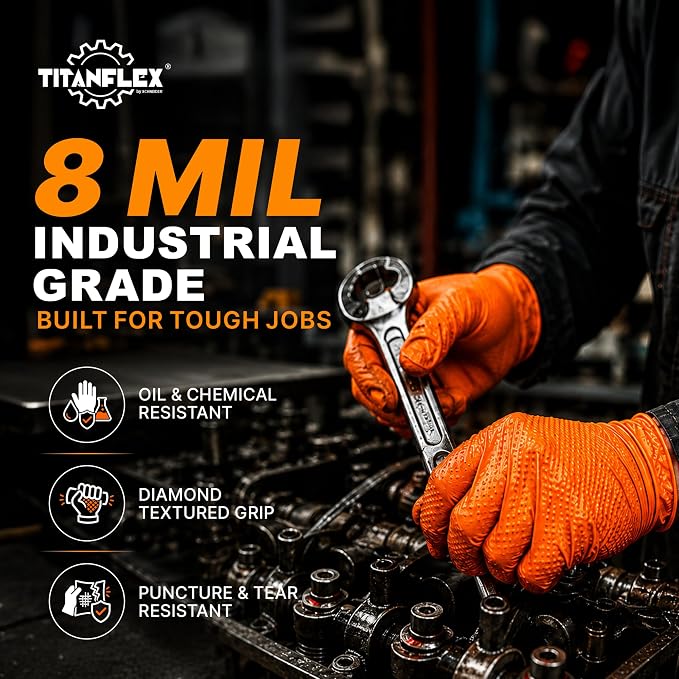TitanFlex Heavy Duty Industrial Orange Nitrile Gloves, 8-mil, Gloves Disposable Latex Free with Raised Diamond Texture Grip, Powder Free, Rubber Glove, Mechanic Gloves,100-ct Box (Small)
