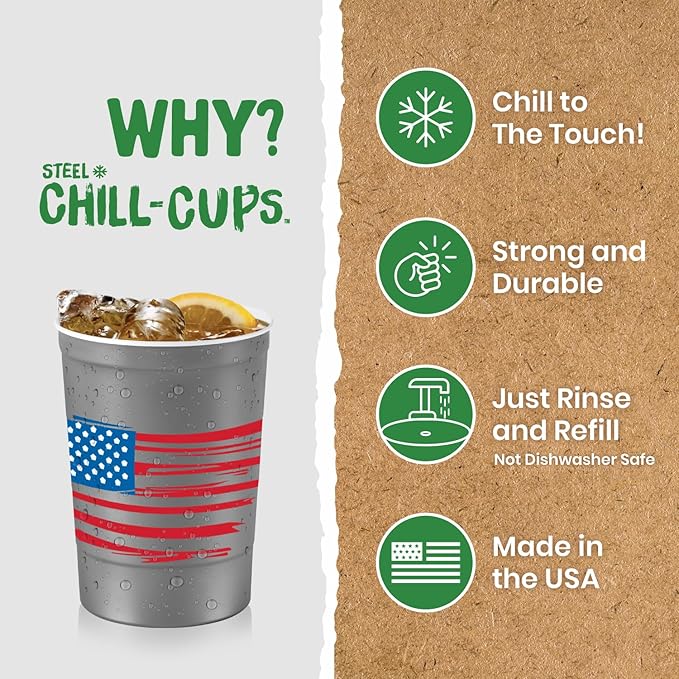 Steel Chill Cups 16 oz. Reusable Party Cups America the Beautiful, 12 Count | Made in USA from Steel these durable cups chill fast & keep your drink cold for longer, 100% recyclable for sustainablity