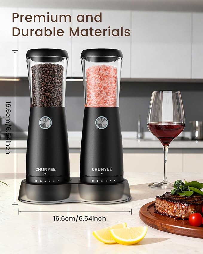Electric Salt and Pepper Grinder Set - Automatic Stainless Steel Rechargeable Salt and Pepper Grinder Set with Storage Base, Large Capacity, LED Light & Adjustable Coarseness, Ideal Kitchen Gadget