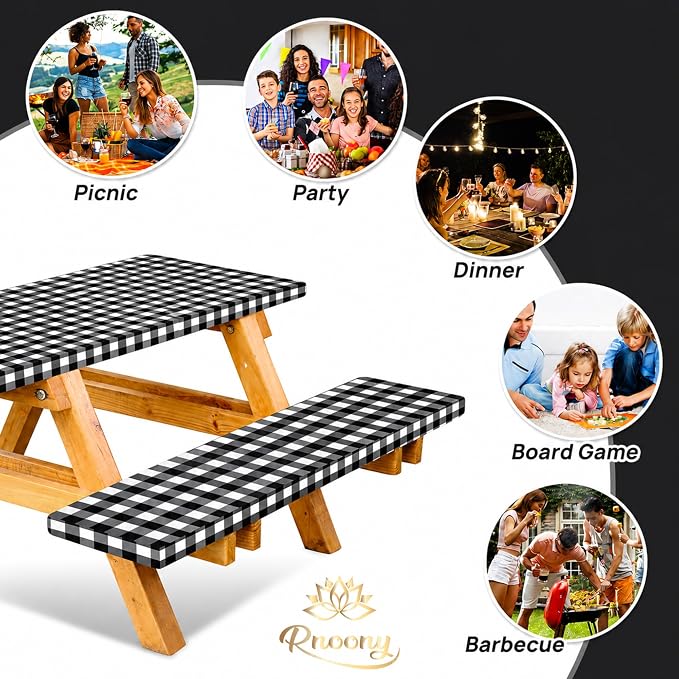 Vinyl Fitted Picnic Table Cover with Bench Covers & Bag 6ft Black Checkered | Rnoony Outdoor Waterproof, Windproof Tablecloth with Elastic Edges. Camping RV Gear Campers Must Have 72x30 Inches