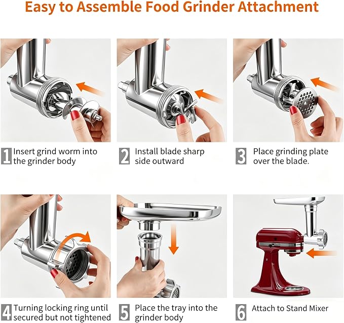 100% Stainless Steel Meat Grinder for KitchenAid Mixer, Dishwasher Safe | Includes 3 Sausage Stuffer Tubes & 4 Grinding Plates, Anti-Corrosion Polished Design（Not include the KitchenAid Mixer）